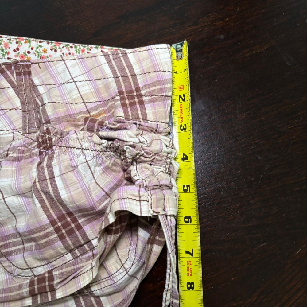 Y2K VTG Mcbling Plaid Low Rise Ruched Side Tie Shorts Brown Purple Size 5/6 Indi - Picture 11 of 14